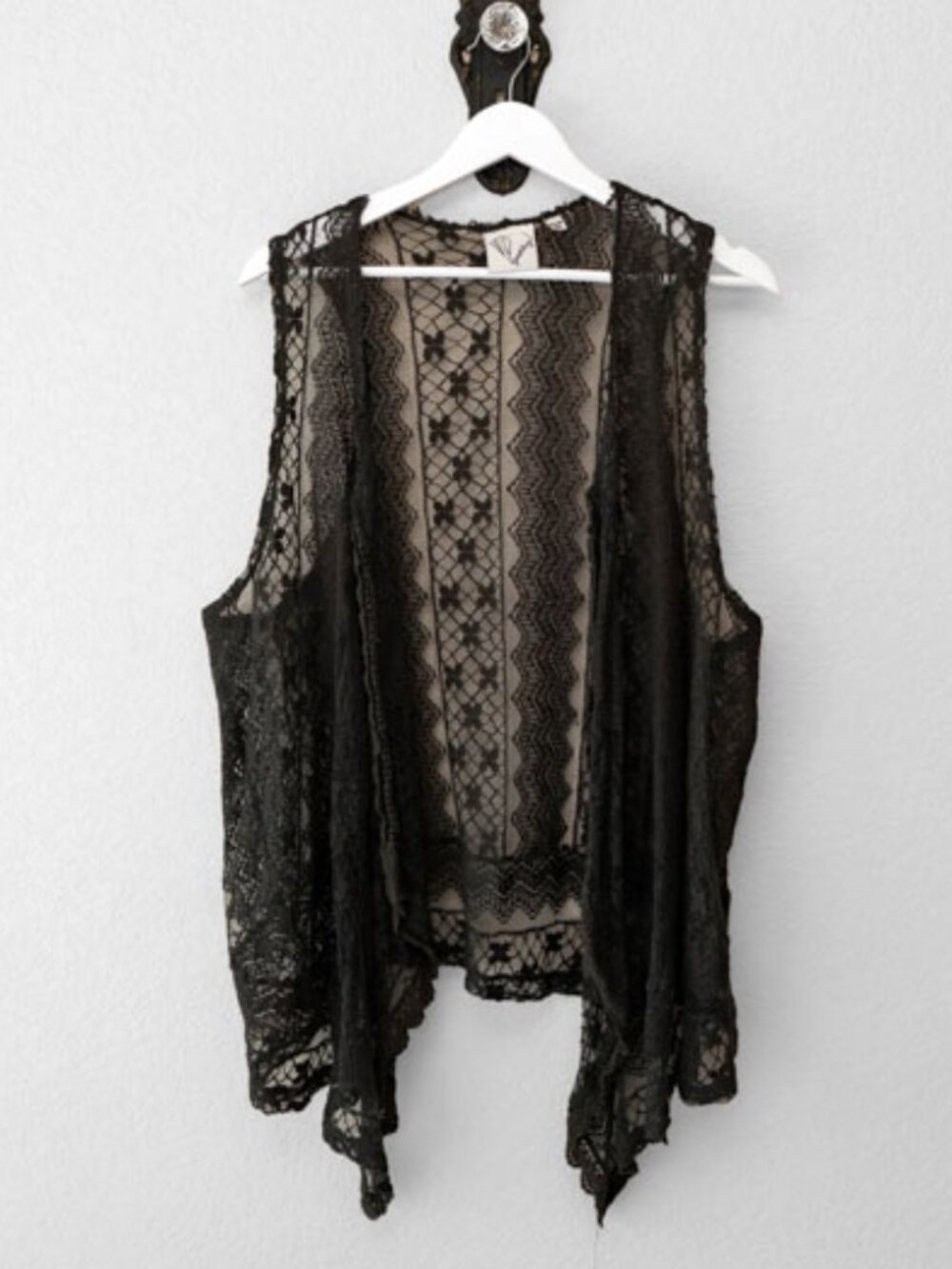 Janette Plus Janet Chung Lace Vest Womens 2X Black Green Boho Duster Open Front